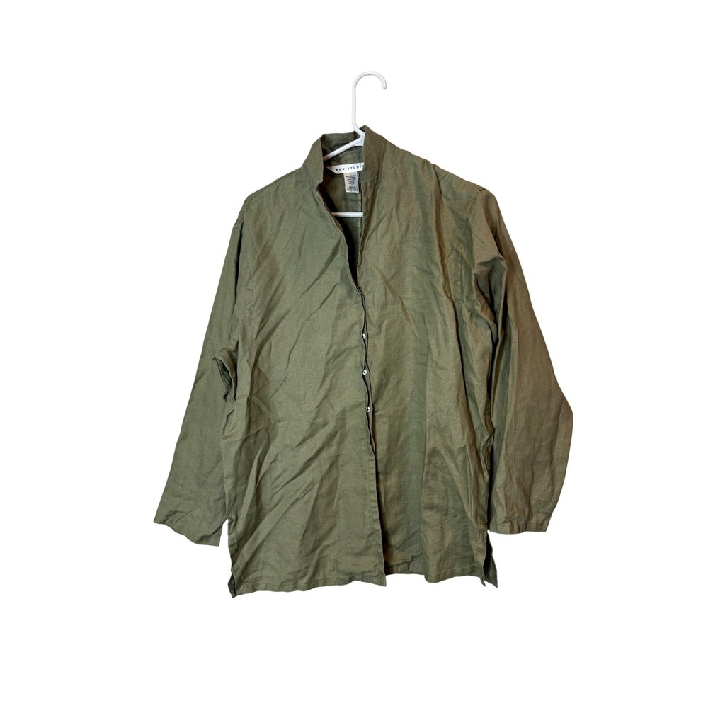 Max Studio Jacket Womens Medium Green 100% Linen Mandarin Collar Blouse
